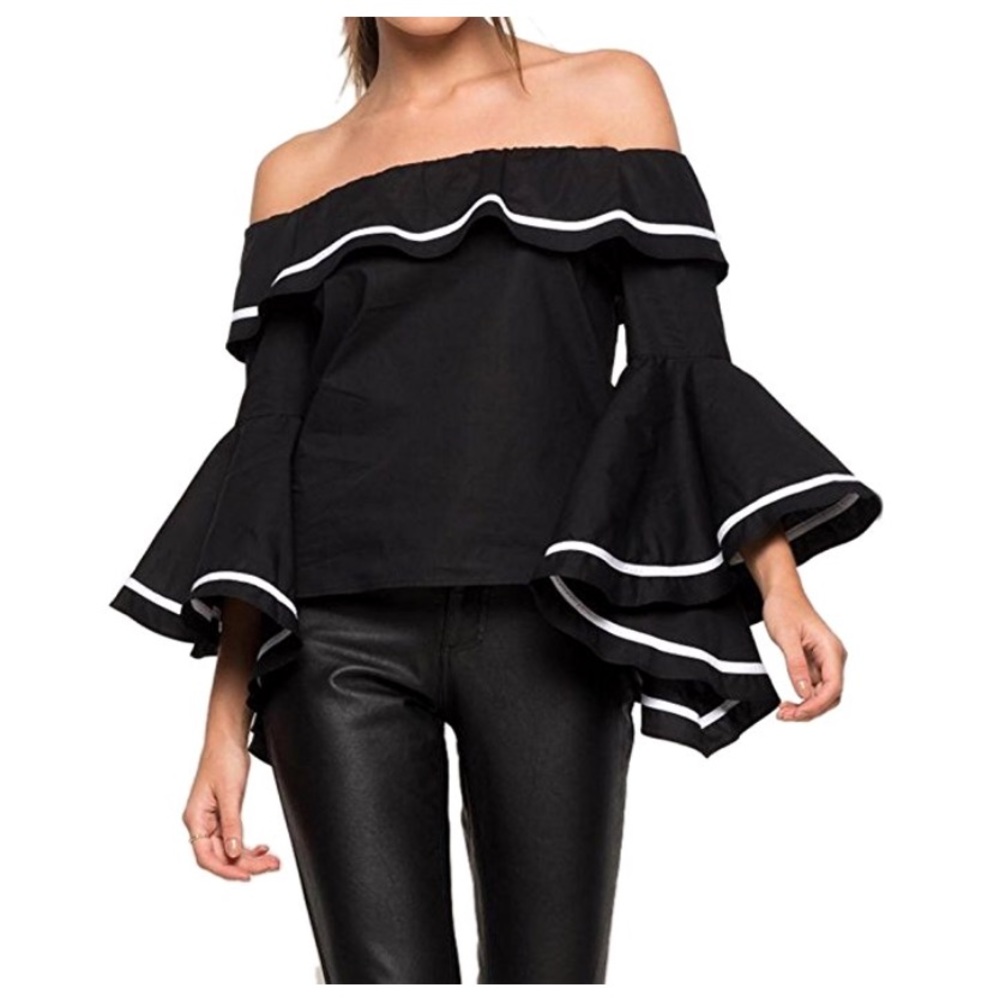 Women off shoulder sleeve ruffled top blouse - Picture 1 of 8